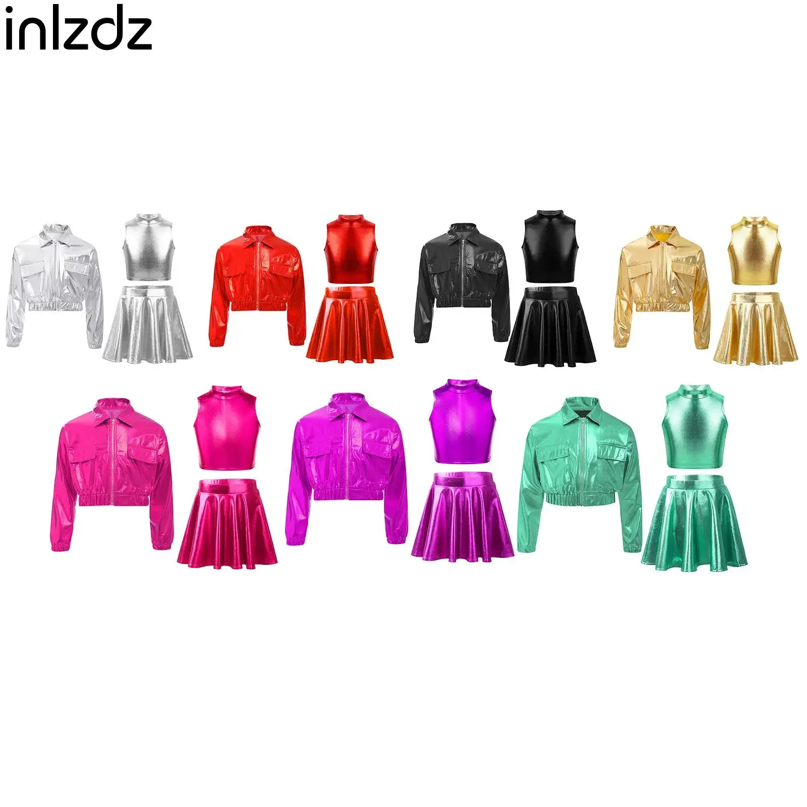 

Children Girls Cheerleading Dance Costume Jazz Hip-hop Dance Set Jacket+Turtleneck Crop Tank Tops+Skirt 3-piece Dancewear Outfit