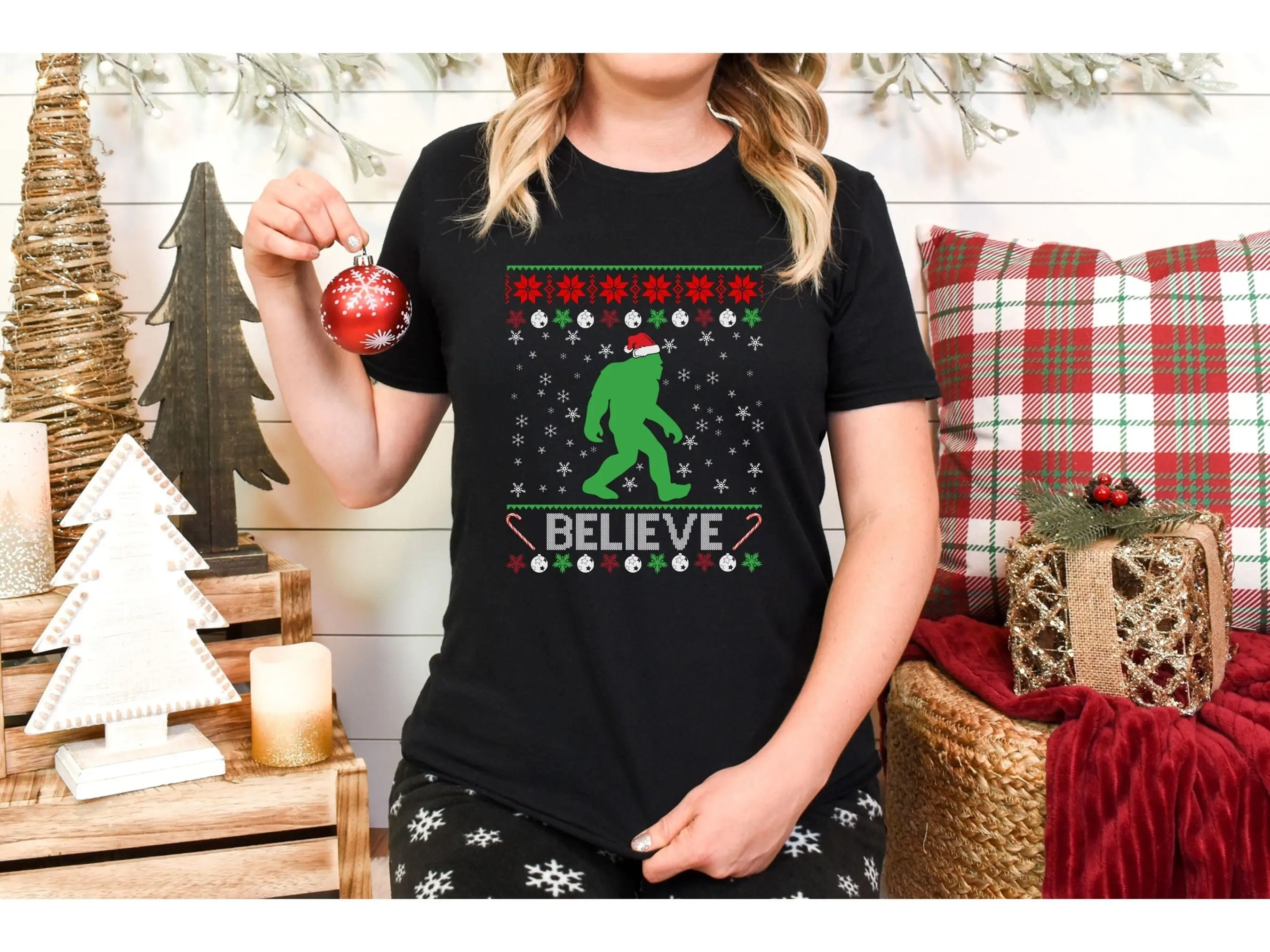 Sasquatch Christmas Ugly Sweater T Shirt Believe Xmas Sasqua