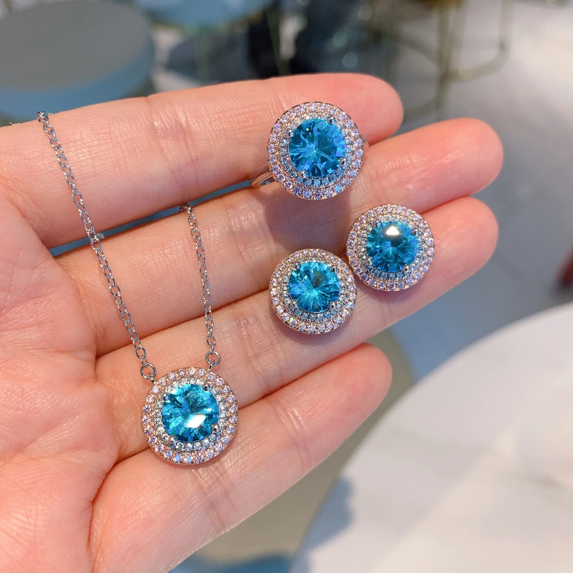 

Retro Round Sapphire Stone Gemstones Wedding Ring for Couple Necklace Stud Earrings Set Women Party Trendy Jewelry Charms Gift