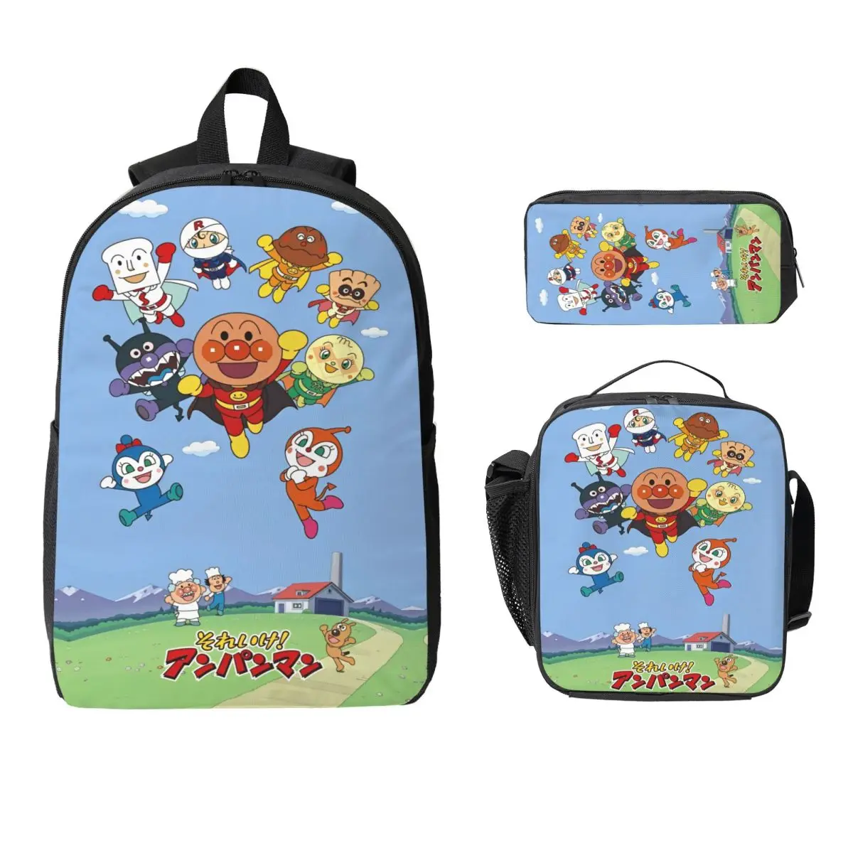 

3Pcs Anpanman School bags Set for Boy Girl Pencil Boxes Backpack Sets with Lunch Box For School Students Daypack