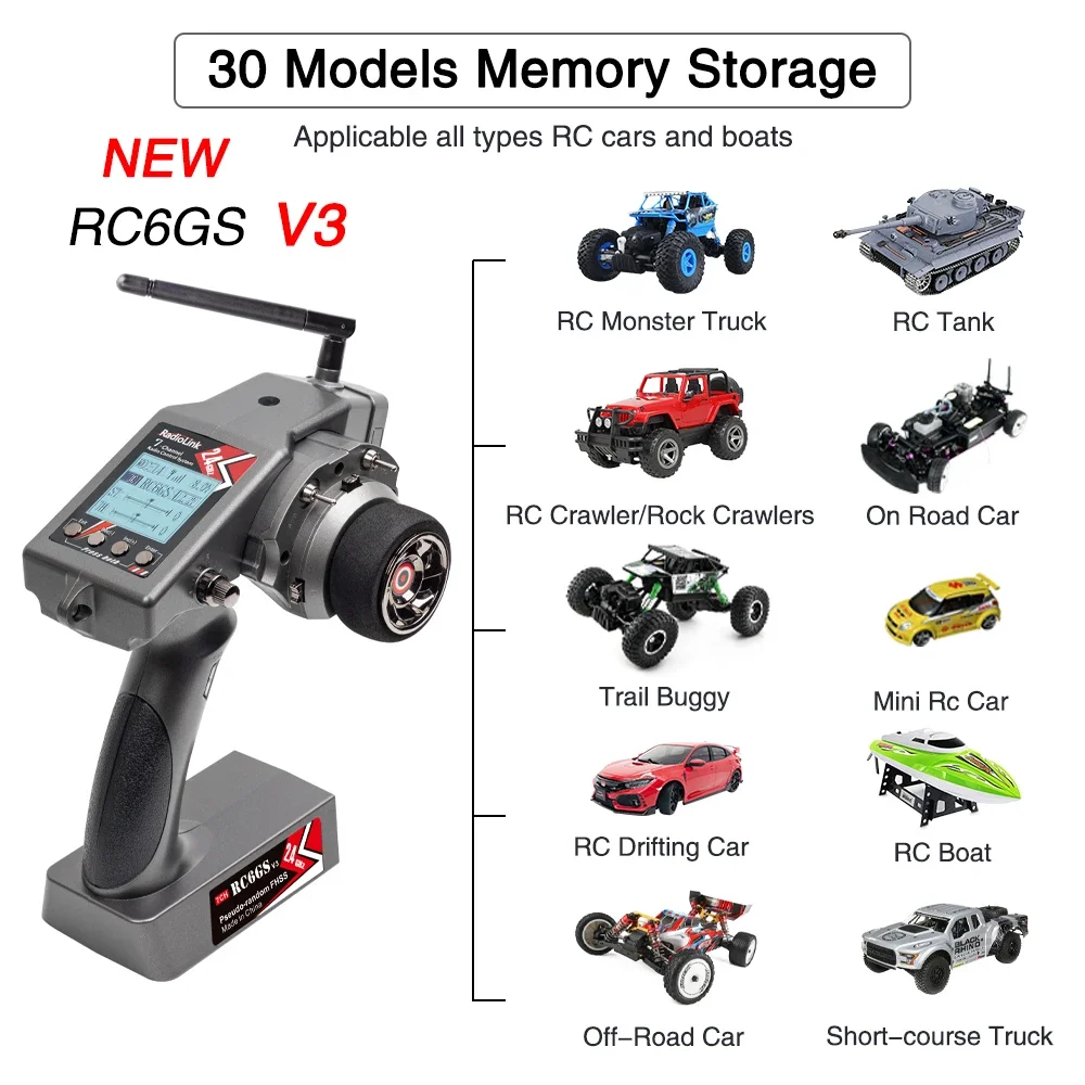 Immagine 3: Radiolink RC6GS V3 2.4G Trasmettitore radio a 7 canali per barca per auto RC con ricevitore R7FG Telemetria giroscopica telecomando incluso