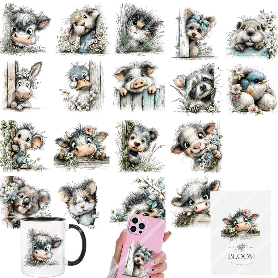 3er-Set Frühlings-Tiermotiv Kuh Katze DIY UV DTF Abziehbilder für Glasbecher, Tassen, Flaschen, Geschenk- und Grußkarten-Dekoration