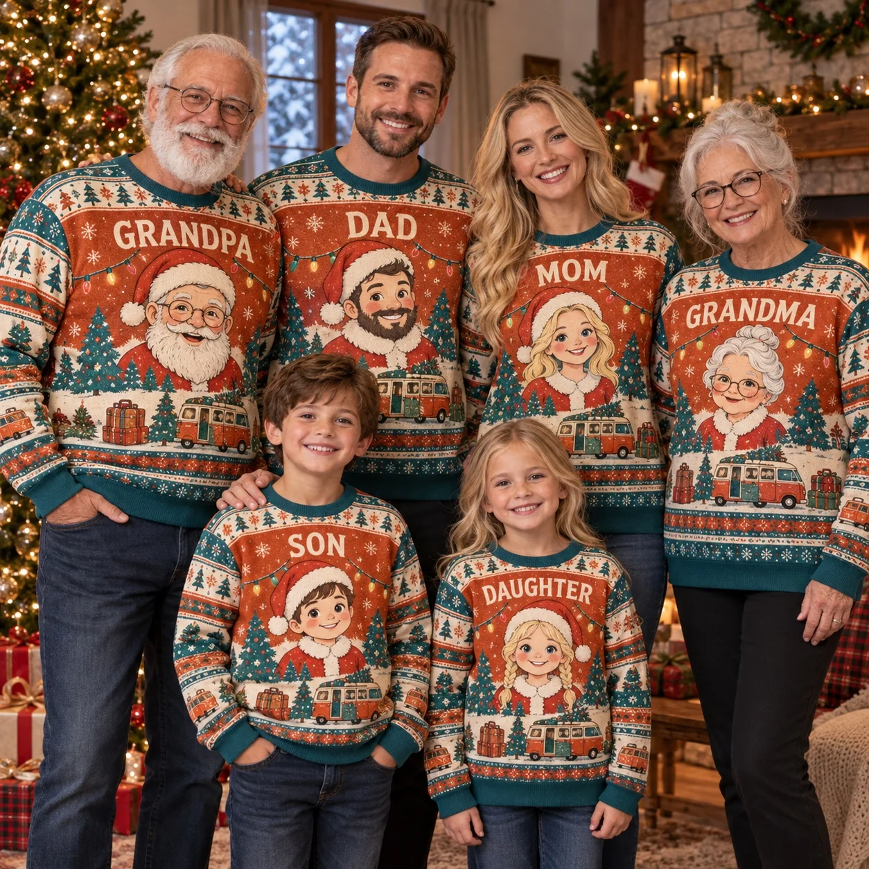 Christmas Outfits 3D Faux Knit Sweatshirts Matching Crewneck Roadtrip Party Tops Holiday Gift for All Family Members