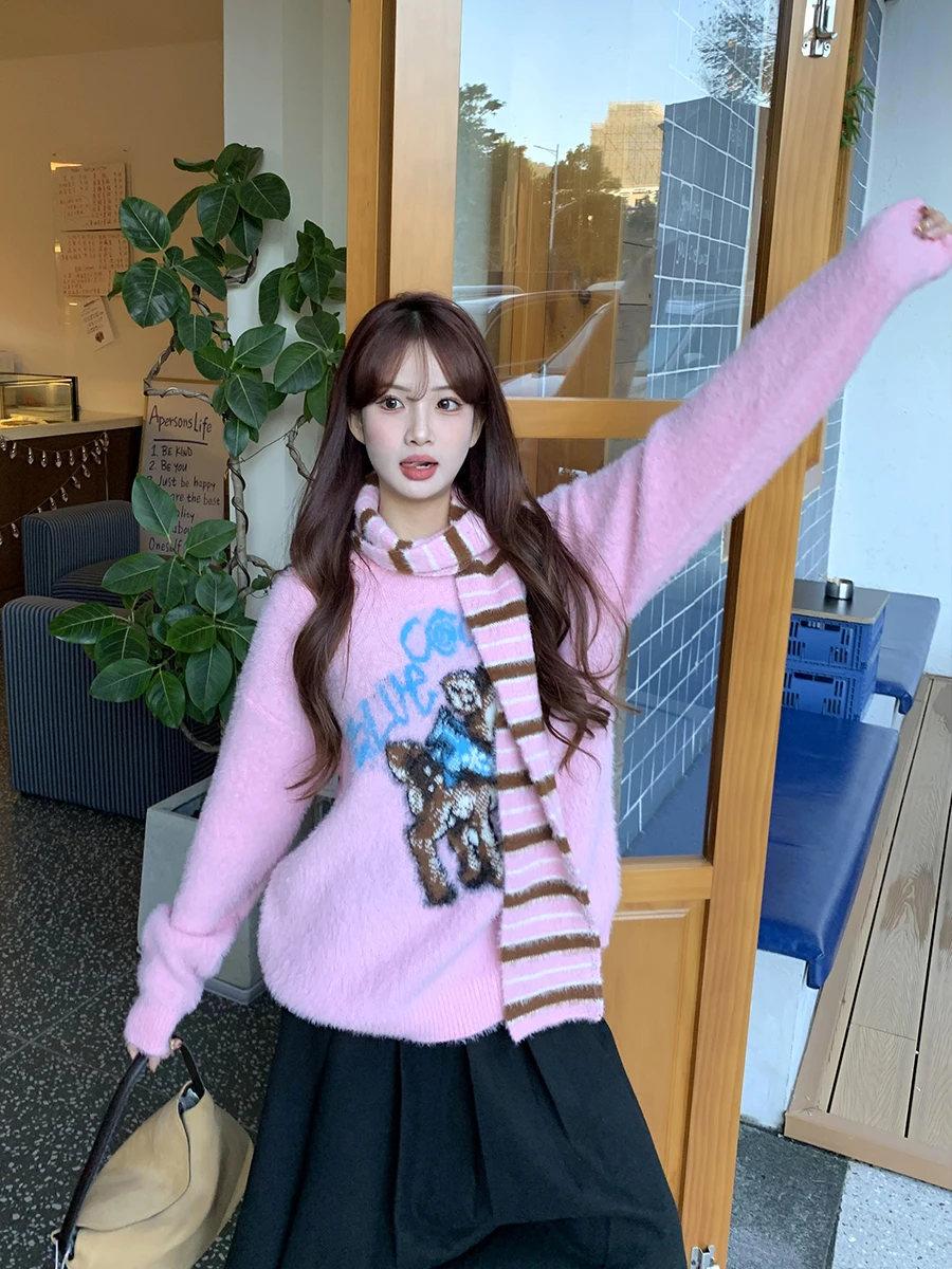 

Розовый свитер с мультяшным принтом Orange Tree, женский, зимний, вязаный, мягкий, свободный, приталенный, с длинными рукавами, круглым вырезом, из смесового полиэстера, повседневный