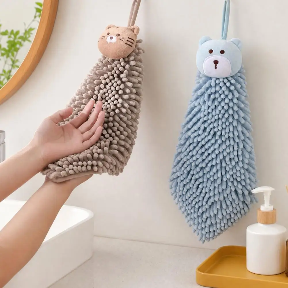 Fast Drying Hand Towel for Kitchen, Soft Absorbent Quick Dry Towel with Hanging String, Plush Chenille Dishcloth for Bathroom De