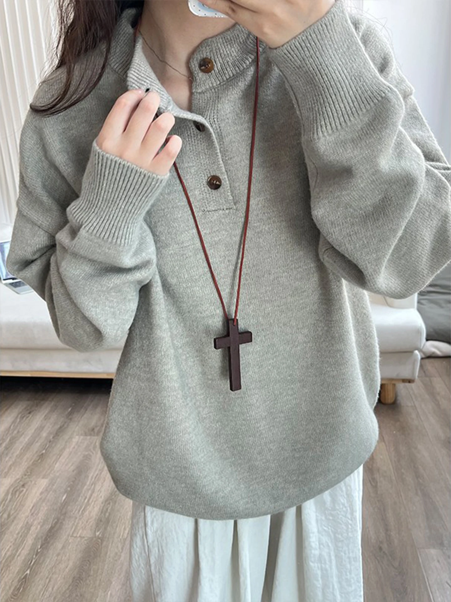 

American Retro Lazy Knitted Sweater Men's Early Autumn Henry Collar irt oulder Width Regular Couple Hoodie