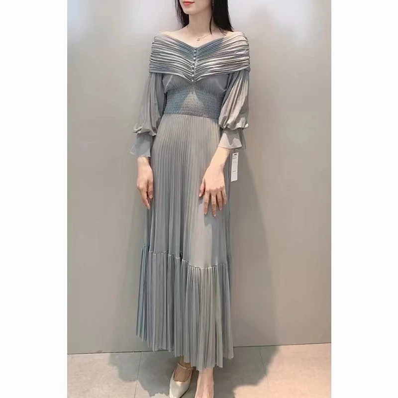 2023 New Spring Autumn Women Sexy Slash Neck Long Sleeve Slim Long Dress High Quality Fashion Designer Miyake Pleated Dress