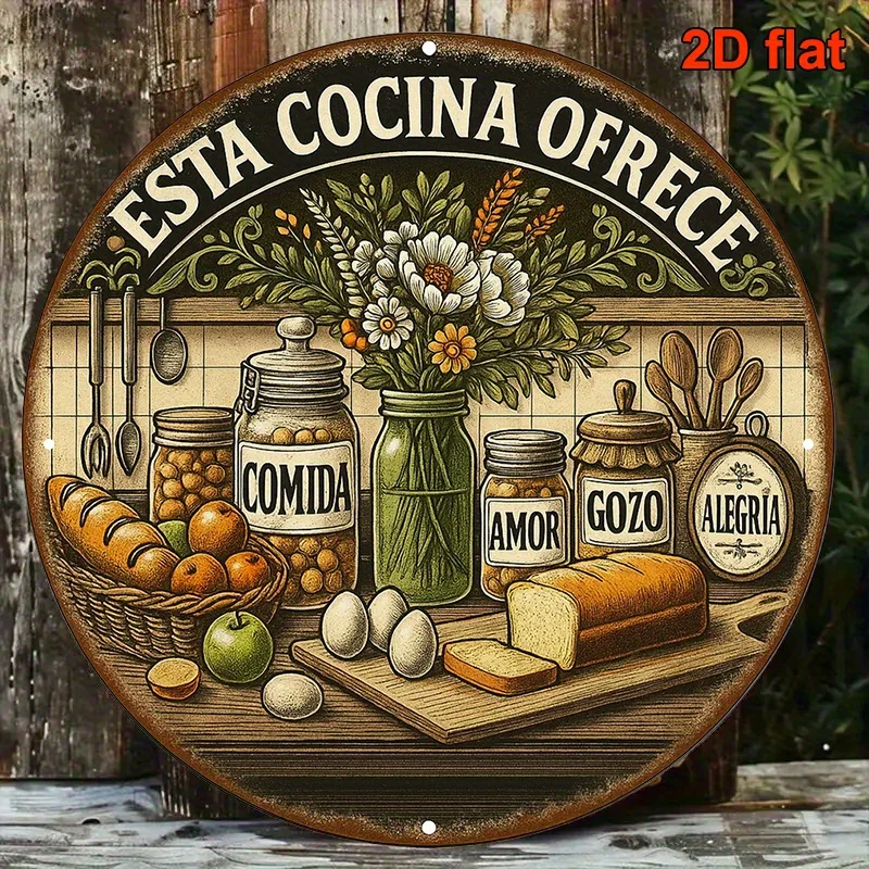 A Vintage Decorative Sign in Spanish Style, an 8x8-inch Round Aluminum Plaque with 