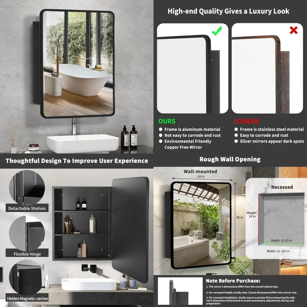 

30 x 24 Recessed Wall-Mounted Black Metal Frame Medicine Cabinet with Mirror and Aluminum Construction