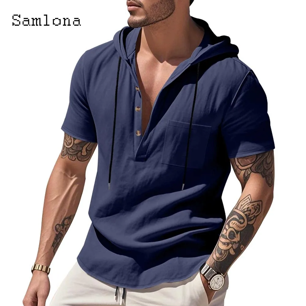 Men Long Sleeves Hooded Shirt Clothing 2025 European Fashion Basic Top Solid White Gray Blouse Mens Casual Beach Shirts Pullover