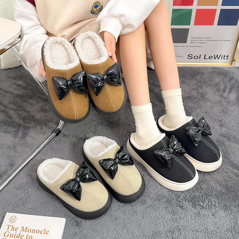 Sweet Black Patent Bow Women Slippers Home 2026 Winter Plush Platform Shoes Girls Elegant Indoor Fuzzy Fur Slides Gift Soft Warm