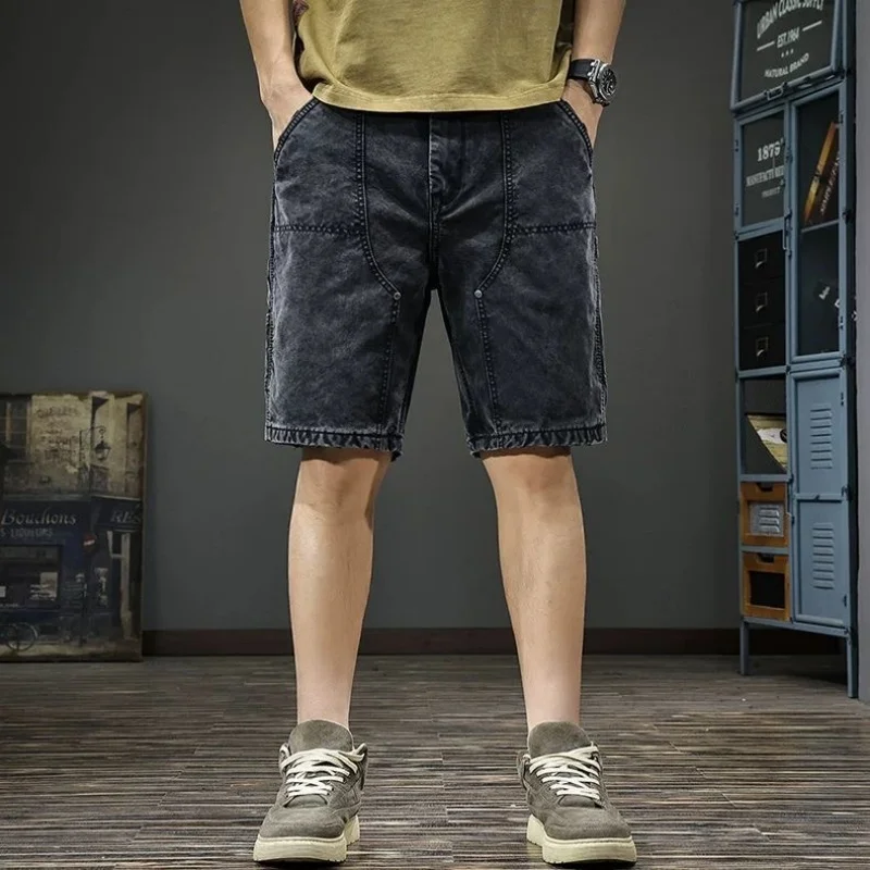 

Summer New Fashion Trend American Retro Straight Leg Elastic Black Jeans Men's Casual Loose Sports High-Quality Denim Shorts