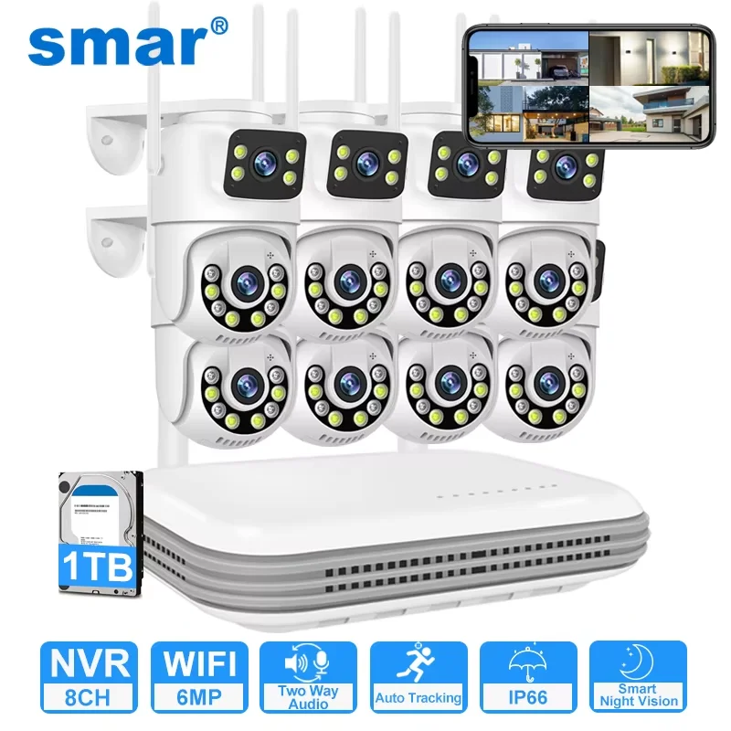 Smar 6MP Dual Lens IP Cameras Wireless CCTV System 8CH NVR Two Way Audio Outdoor PTZ WIFI Security Camera Video Surveillance Kit