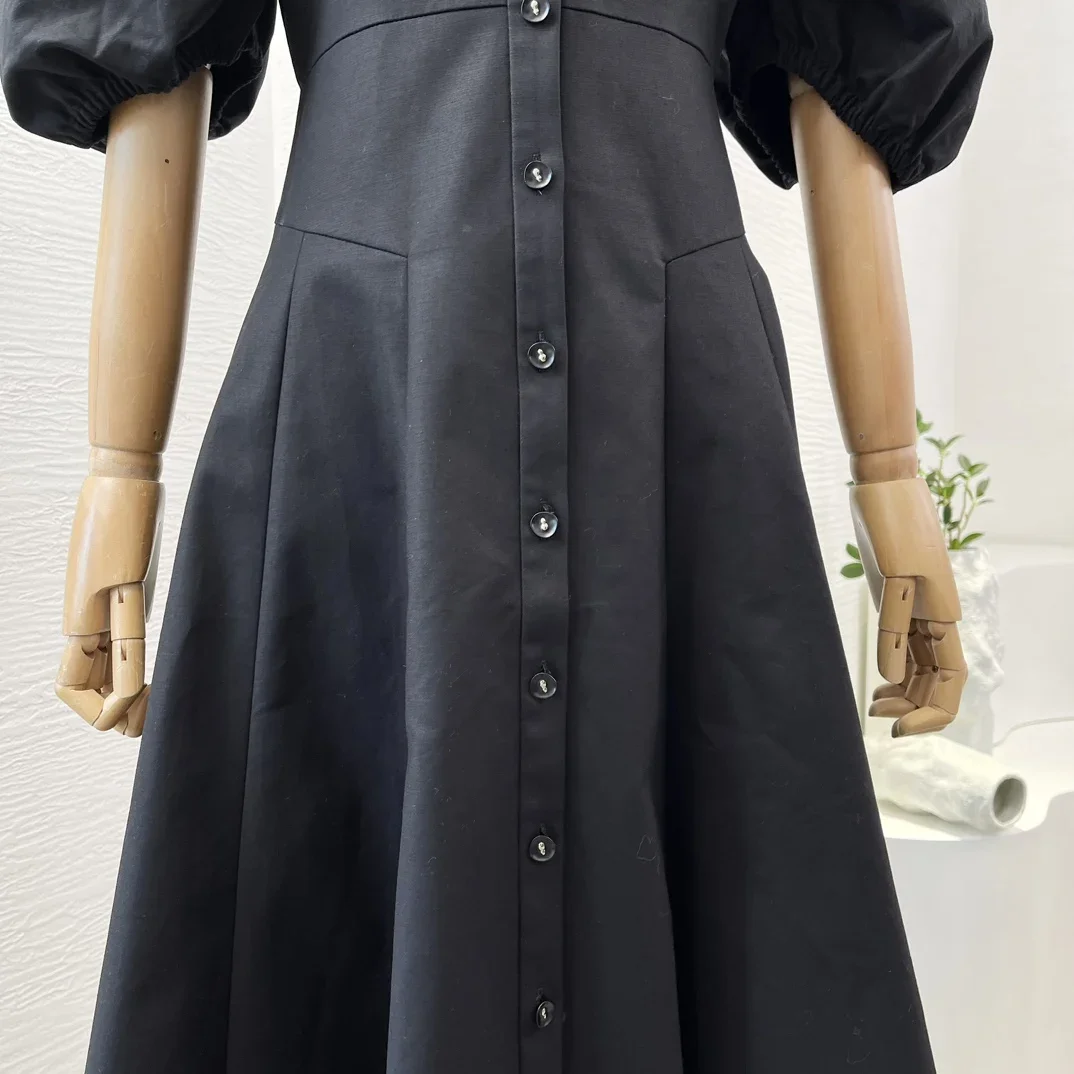 Women Vintage Midi Dress Black/Apricot Short Puff Sleeve Casual Shirt Dresses 2024 Summer New Top High Quality