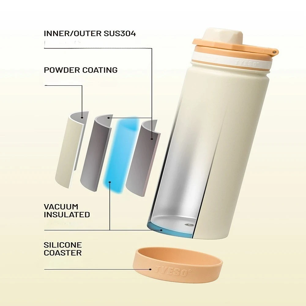 TYESO 750ML Portable Sports Cold Water Bottle with Non-slip Silicone Sleeve Leakproof Outdoor Drinking Cup for Daily Use