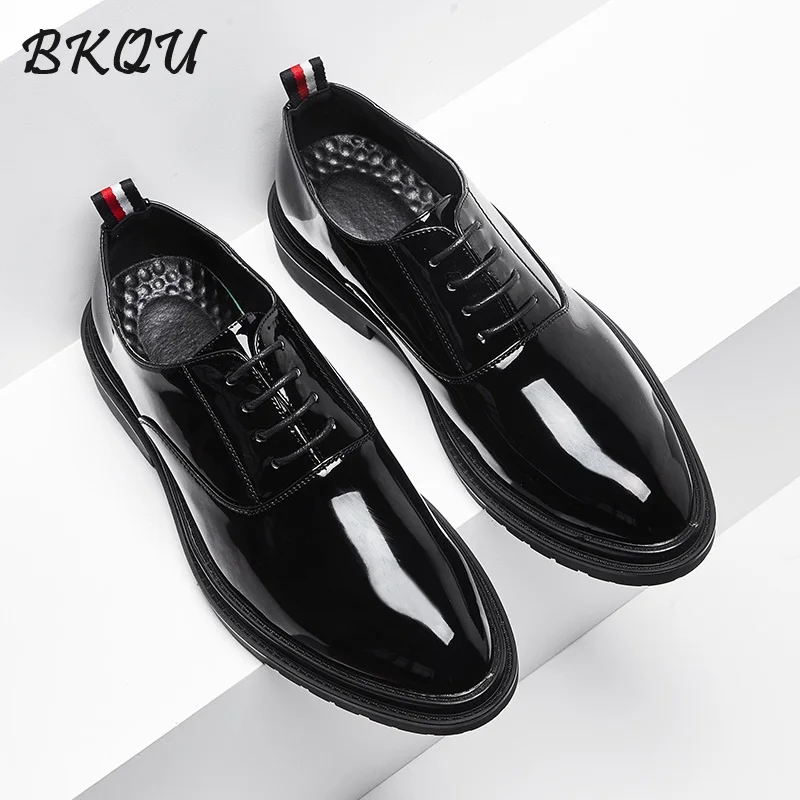 

BKQU Men's British-Korean Version 2025 Autumn Shiny Pointed Toe Lace-up Trendy Business Formal Casual Leather Shoes