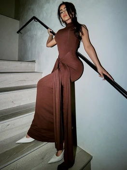 Mozision Half High Collar Irregular Tank Dress For Women 2024 New Fashion Sleeveless Bodycon Ruched Sexy Long Dress Elegant