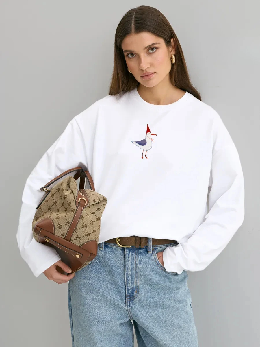 American Summer New Women's Minimalist Painting Long Sleeves 100% Cotton Loose and Versatile INS Style Retro T-shirt