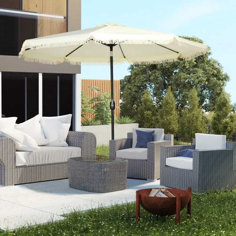 9ft Patio Umbrella w/ Push Button Tilt and Crank,Outdoor Market Table Umbrella w/ Fringed Tassles and 8 Ribs,for Garden