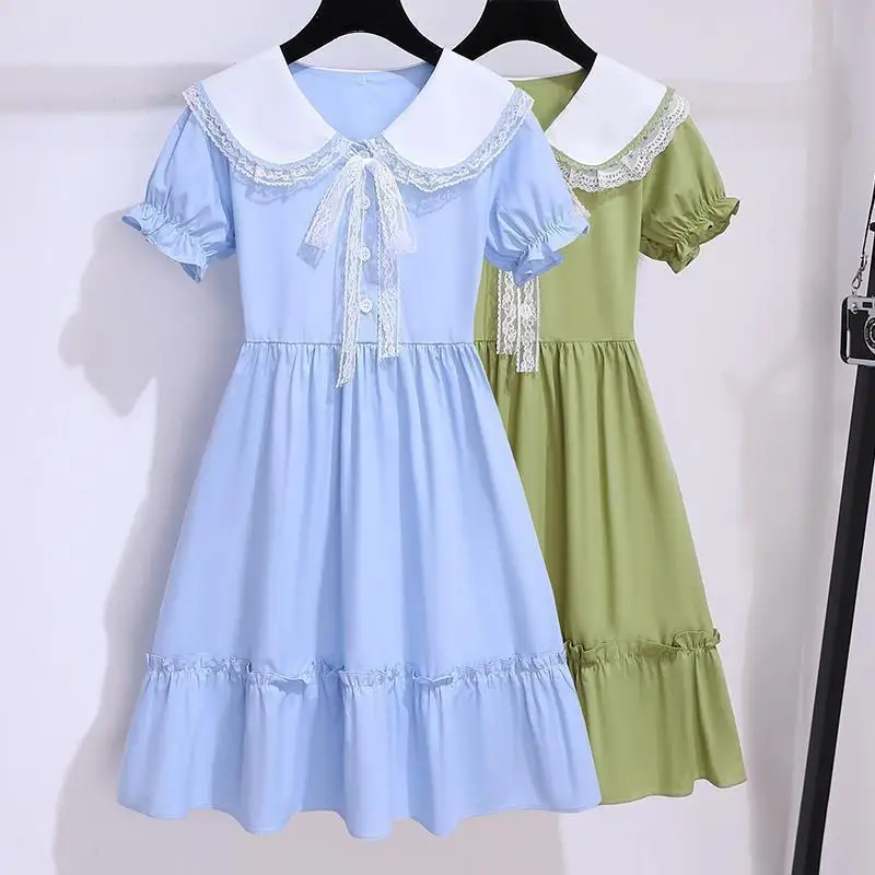 Girls Summer Casual Trendy Light Breathable Peter Pan Collar Dresses Teenage Kids Cute Princess Dresses Children Gift Clothes