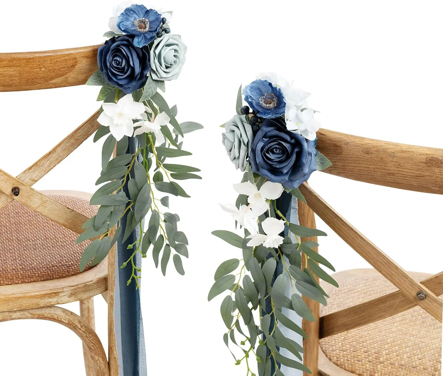 8pcs Wedding Artificial Aisle Pew Flowers Chair Decorations Arrangements with Chiffon Ribbons Dusty Blue & Navy for Ceremony Cha