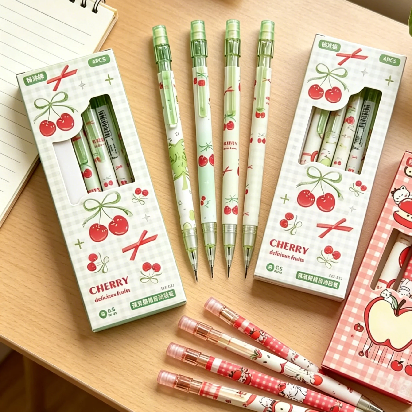 4er-Pack 0,5mm Druckbleistifte (mit Radiergummi) Druckknopf-Druckbleistifte Roter Apfel Katze / Matcha Kirsche Druckbleistifte