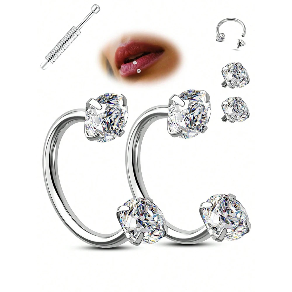 18G Hufeisen-Nasenring, Lippenringe, Creolen, Ohrring, doppelter Zirkonia, Innengewinde, hypoallergen, Edelstahl, 8 mm