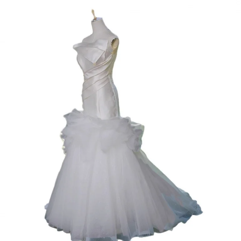 خارج الكتف حورية البحر شبكة فستان الزفاف سليم صالح المتخصصة نمط العروس اللباس الرئيسي نخب فستان مأدبة جديد في الهواء الطلق