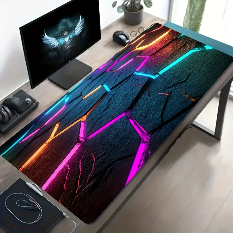Large E-Sports Gaming Mouse Pad Neon Hexagon Colorful Tech Art Pattern Non Slip Washable Rubber Base Big Desk Mat Durable Deskto