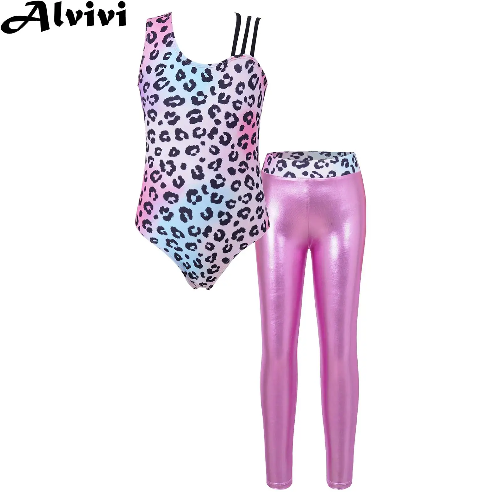 Body per balletto per bambina body per ginnastica con stampa senza maniche con Leggings Set Dance Performance Dancewear abbigliamento sportivo costumi da bagno