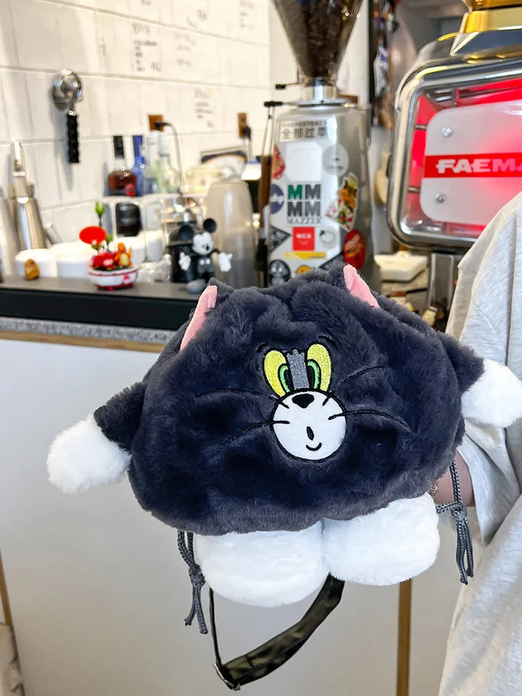 Cute Girly Heart Cat Cartoon Plush Bag2025New personalized cute drawstring single shoulder crossbody bag