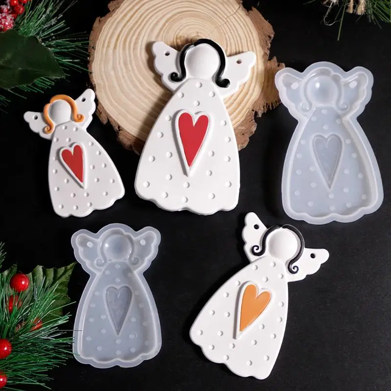 

DIY Faceless Angel Silicone Mold Christmas Tree Hanging Ornament Plaster Concrete Resin Mould Heart Dot Texture Dress Girl Craft