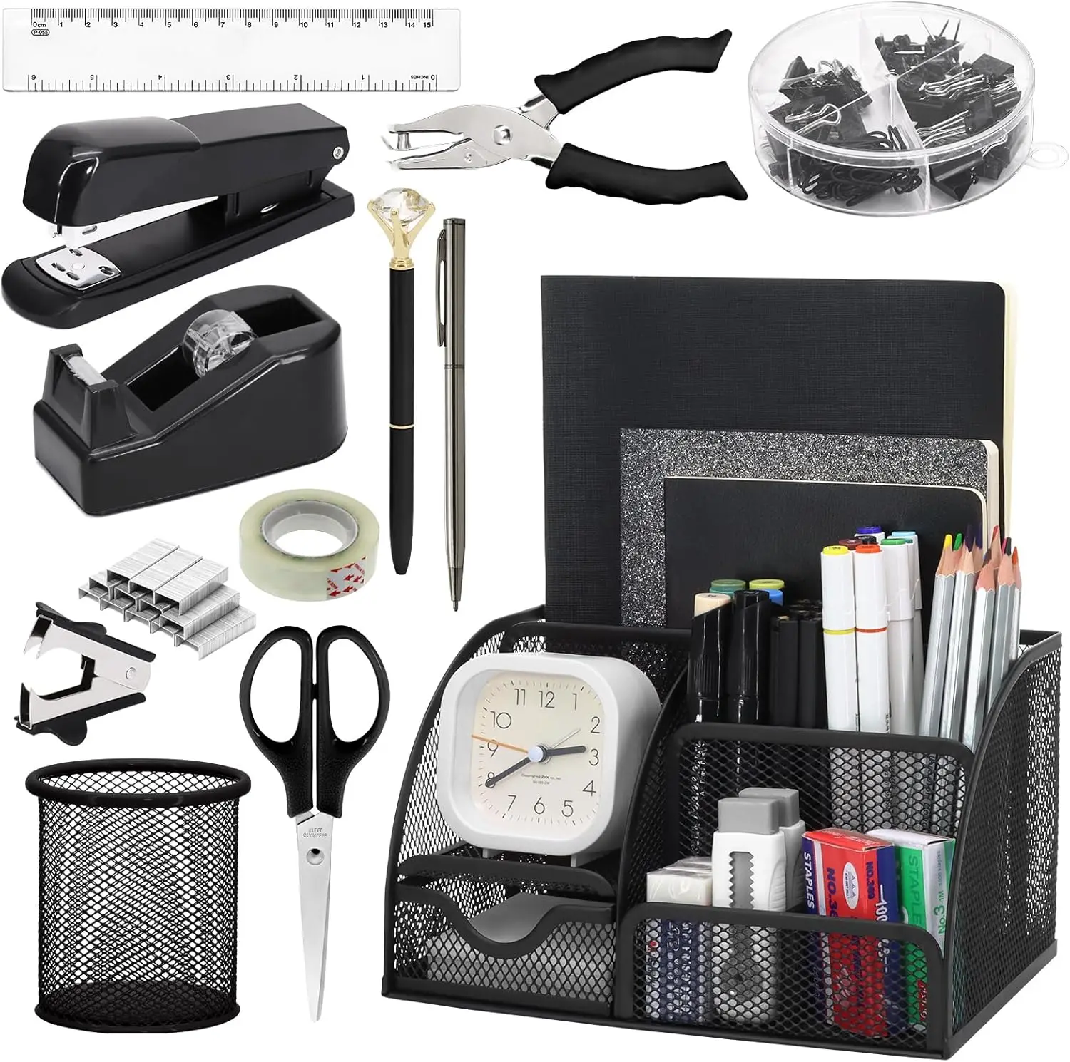 

Набор органайзеров для офисного стола 13-в-1 с степлером, диспенсером для скотча, подставкой для ручек и другими принадлежностями для школьных принадлежностей, черный цвет