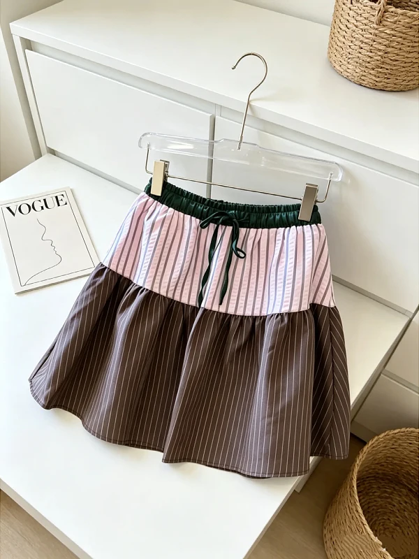 Slimming A-Line  Skirt Women's High Waist Elastic Waist Vintage Striped College Style Summer New Arrival Korean Version