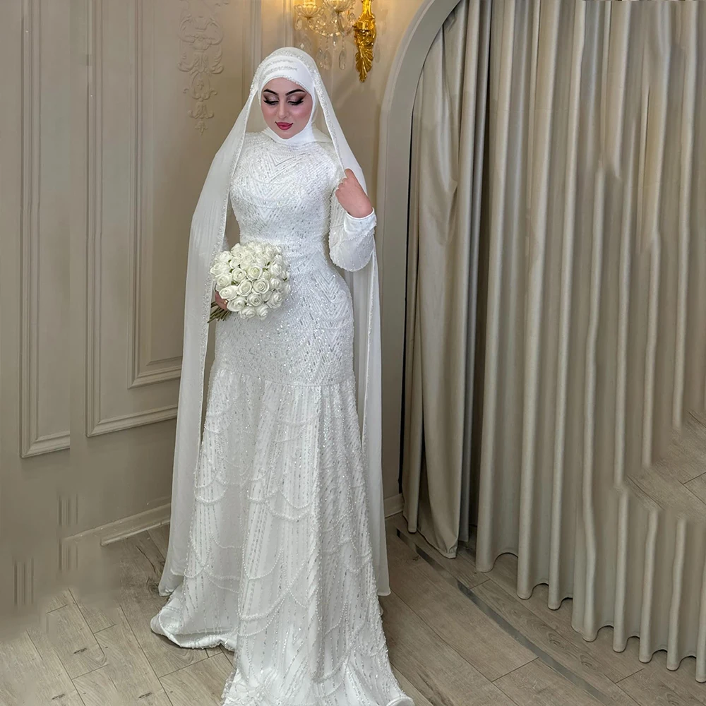 

Muslim Wedding Dresses with Hijab High Neck Long Sleeve Luxury Bride Dress Mermaid Sequined Beading White Bridal Gown Customized