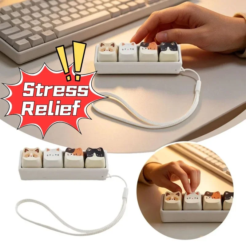 Portable Stress Relief Button Toy, Cute Cat Keycap Fidget Toy with Lanyard, Mini Keyboard Anxiety Relief Keychain
