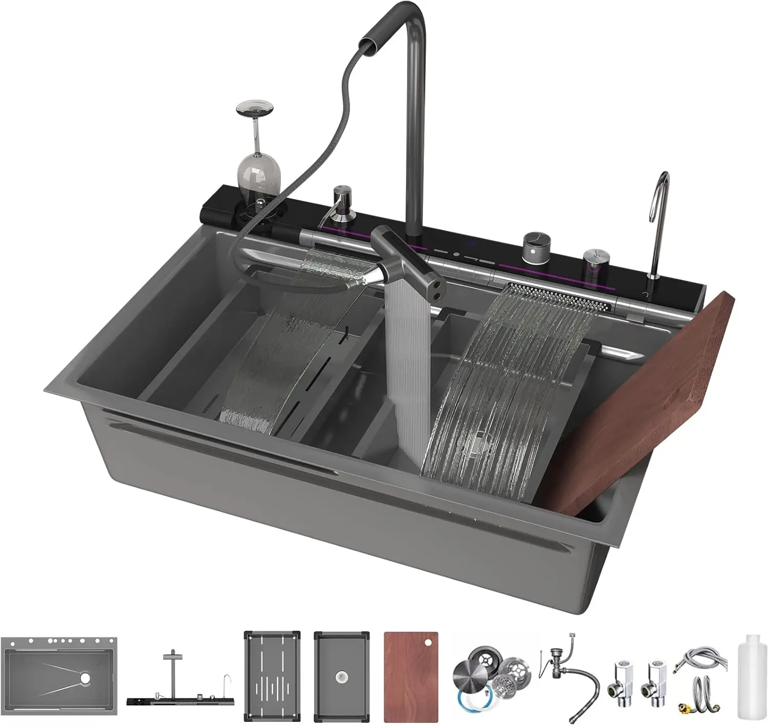 

Кухонная мойка из нержавеющей стали 304 с цифровым дисплеем, водопадным смесителем и глубокой чашей, для установки под столешницу