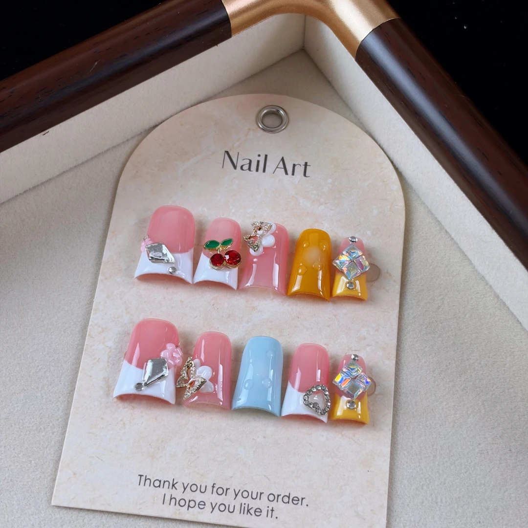 10pcs High-end Cute cartoon style, hand-drawn three-dimensional butterfly, hearts, flashing square diamonds handmade fake nails