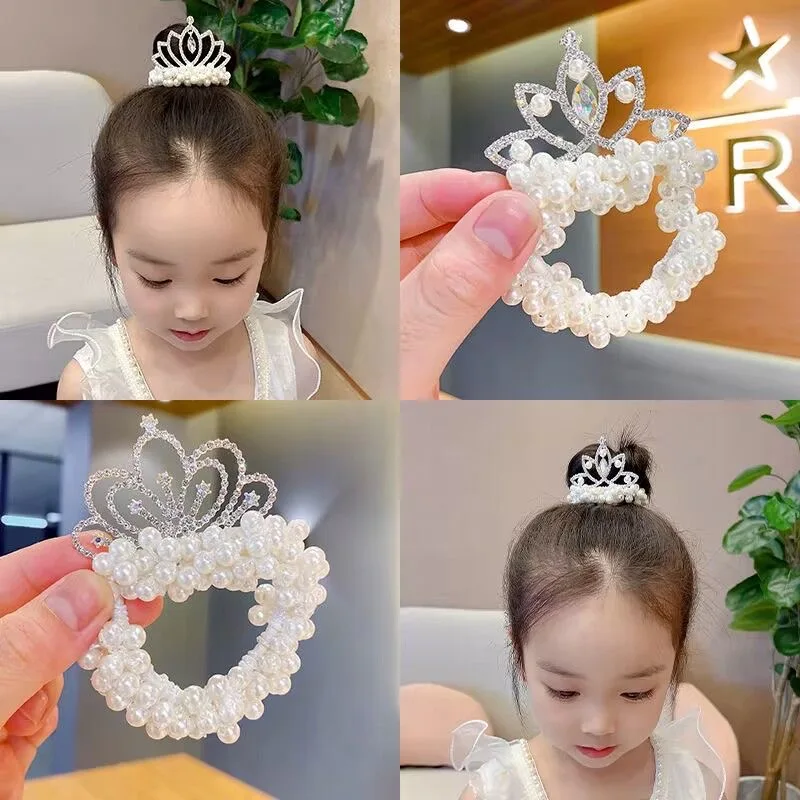 2PC Fashion Pearl Crown Princess Hair Bands Elastic Rubber Bands Children Ball Hair Bun Ties Hair Styling Accessories