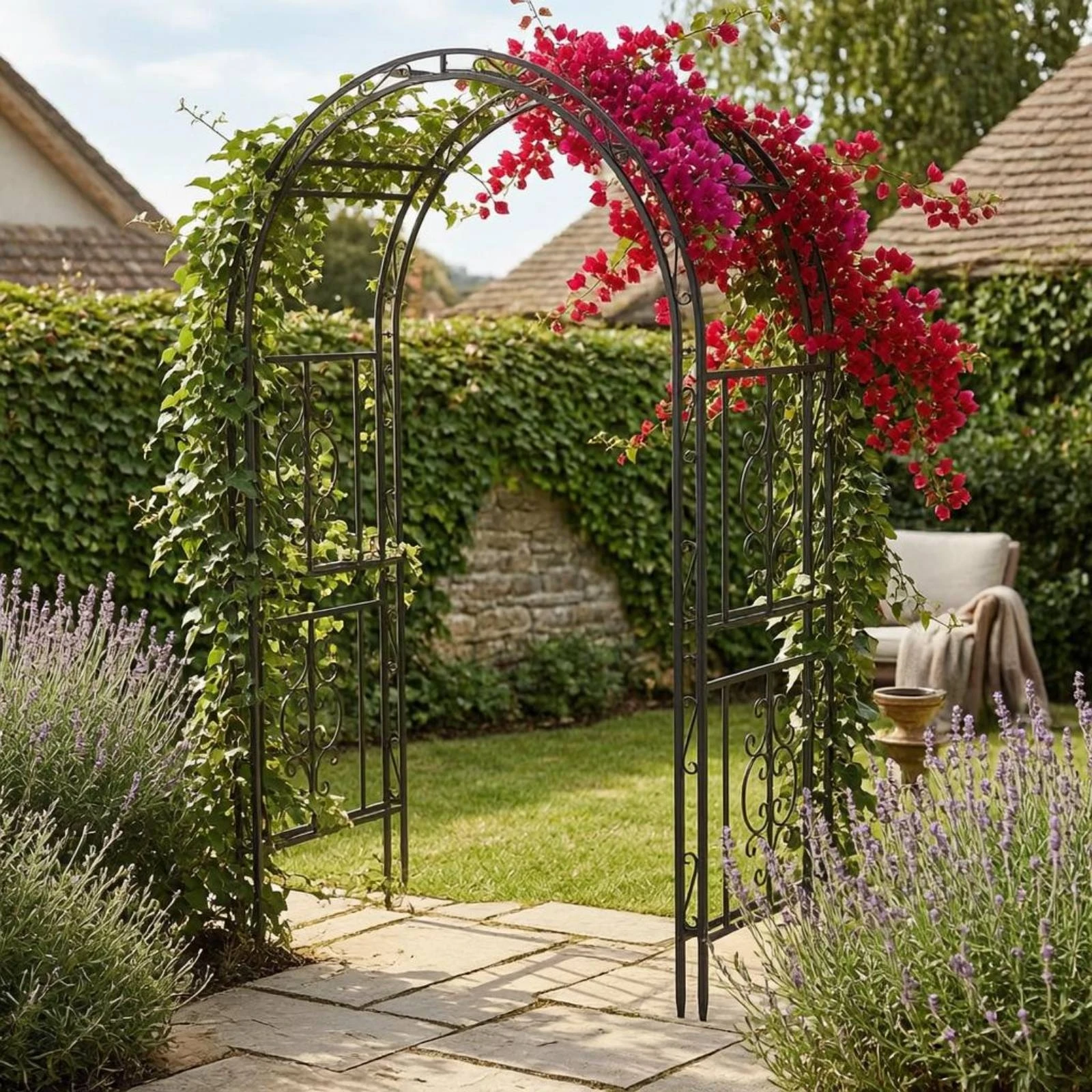 

Iron Garden Arch Freestanding Scrollwork Arch Trellis Arched Trellis Ground Stakes Outdoor Structure Rust Resistant for Park