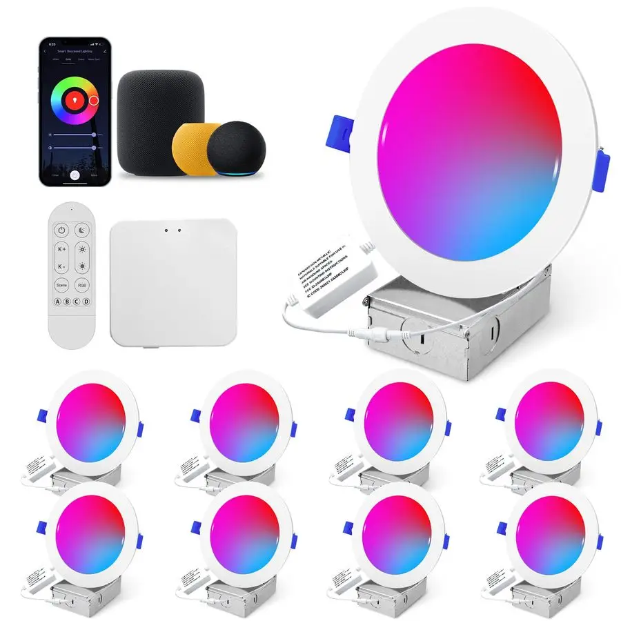 Éclairage encastré intelligent 6 pouces RGB Downlight peut allumer 13W 1100LM 93CRI, WiFi amp Bluetooth plafonnier avec SignalBoosting M
