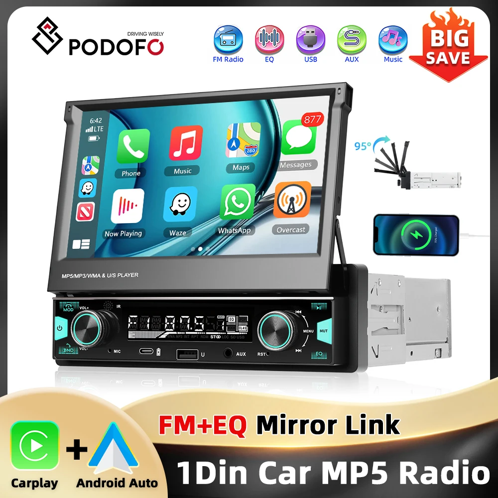 Podofo 7 ''1Din écran rétractable EQ son FM/AM/RDS lecteur multimédia Carplay Android Auto Bluetooth type-c USB SWC voiture Audio