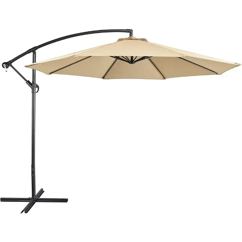 10FT Patio Offset Umbrella - Cantilever Hanging Outdoor Umbrellas w/UV Protection & 8 Ribs & Handy Crank & Cross Base