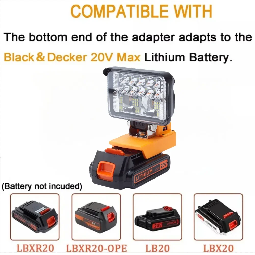 Portable LED Work Light for BLACK AND DECKER 18V/20V Battery Powered Outdoor Camping Light with USB (excluding Battery)