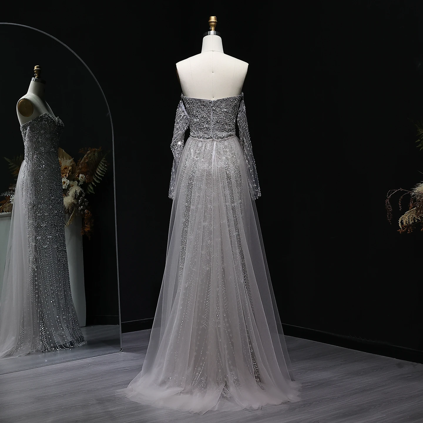 Sharon Said Luxury Gray Dubai Evening Dress with Cape Long Sleeves Detachable Overskirt for Women Wedding Party SS557 Customized image 4
