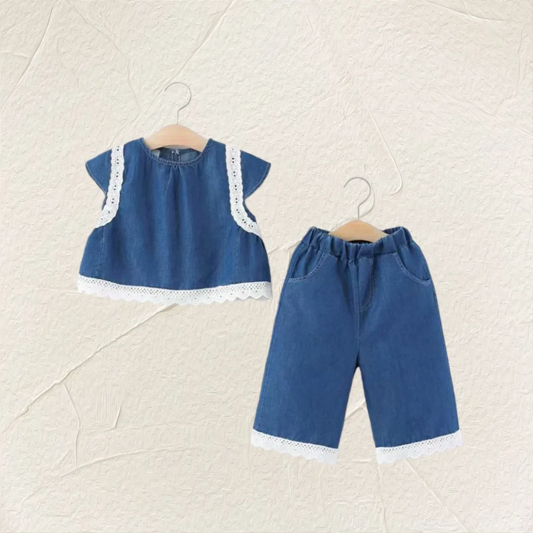 Meninas terno 2026 primavera/verão novas crianças wear meninas bebê moda rendas grade denim sem mangas colete nove cent calças dois conjuntos