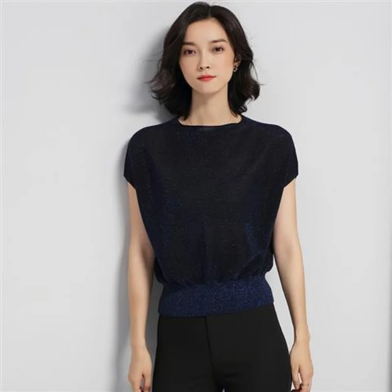 Estate New Thin Ice Silk Knitting Tops Tees manica corta o-collo All-match magliette da ufficio allentate Vintage elegante abbigliamento donna