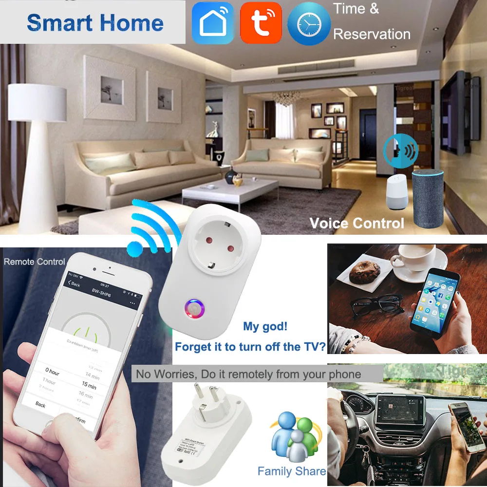 Tigreat Wifi Socket Smart Plug EU 16A Israel  ISR SUI BR UK US Tuya Timer Remote Alexa Google Home IFTTT Outlet Adaptor