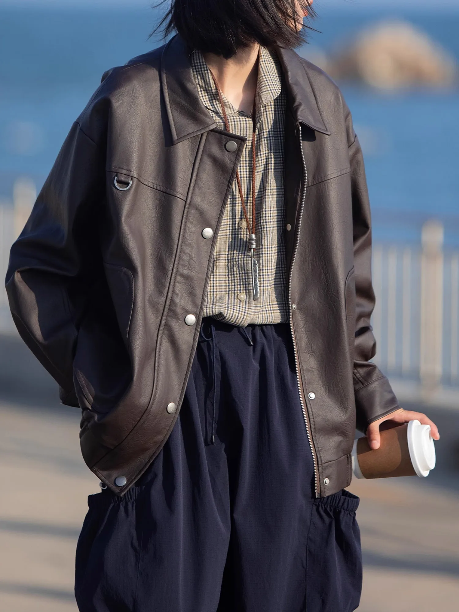 الرجعية اليابانية الشارع Sle الخريف Jaet التخسيس تصميم معطف جلد المرأة Faionable مستقيم قطع طويلة Sve سستة