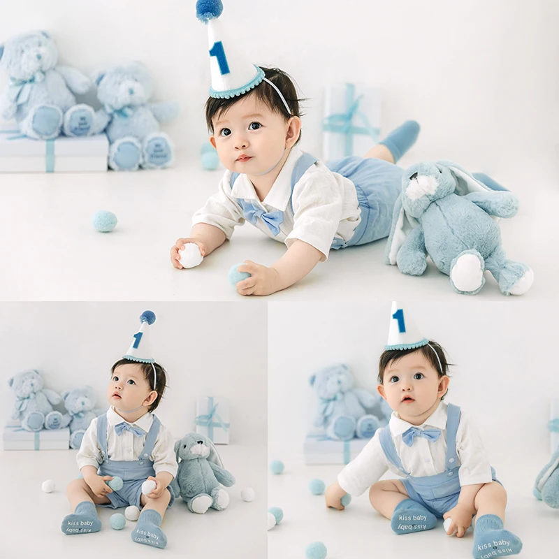 100 Days Baby Shoot Clothing Infant Photography Props Blue Bear Bunny Toy Boy Gentleman Suit Birthday Hat Plush Ball Shoot Prop